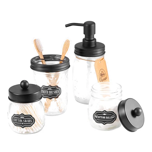 Pocono Homeware Co. Premium Mason Jar Bathroom Accessories Set 4pc - Mason Jar Soap Dispenser, 2 Apothecary Jars (Qtip Holder), Toothbrush Holder - Rustic Farmhouse Decor - Bathroom Vanity Organizer, Stainless Steel Lids