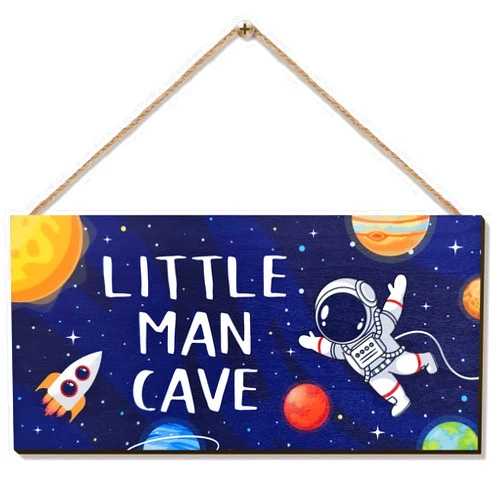 ZIEYOMI- Little Man Cave Sign Space Boys Room Decor, Astronaut Theme Bedroom Nursery Decor Hanging Wall Art, Wooden Plaque Outer Space Decor for Toddler Boys Room Kids Playroom Decorations