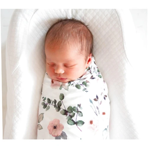 Vollmic Newborn Baby Girl Swaddle and Headband Sets Receiving Blanket Stretchy Knit Swaddle Set(Green Leaf and Pink Floral)