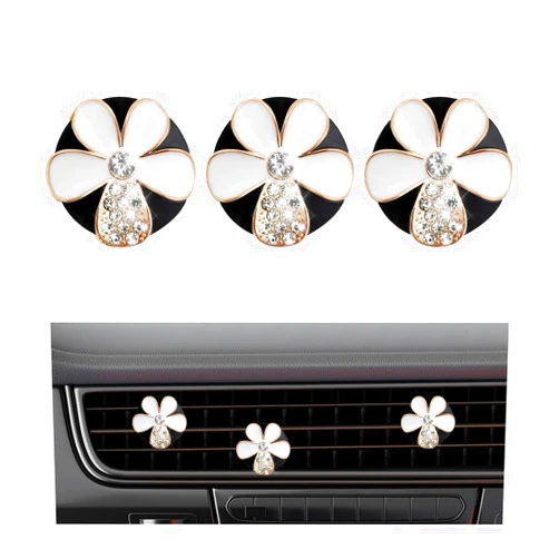 Ohleats 3PCS Car Air Vent Clips, Cute Flower Shape Auto Air Outlet Clip, Bling Rhinestone Vehicle Air Conditioning Clip Charm Decor for Women & Girls, Universal Car Accessories (White)