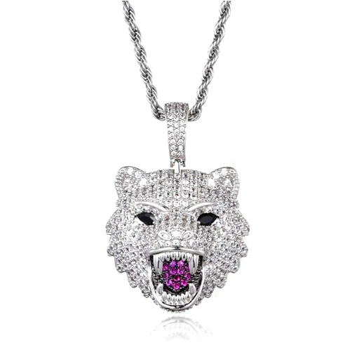 KMASAL Jewelry Iced Out Wolf Head Pendent Hip Hop Gold Silver Color Copper Base 18K Gold Plated Lab Diamond Necklace for Men Women Charm Gift Jewelry with Stainless Steel Rope Chain