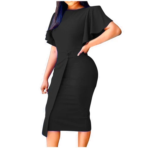 Smxrfitk Ruffle Sleeve Dress for Women Classic Solid Color High Waist Office Knee Length Dress Slim Fit Fall Go Out Dresses