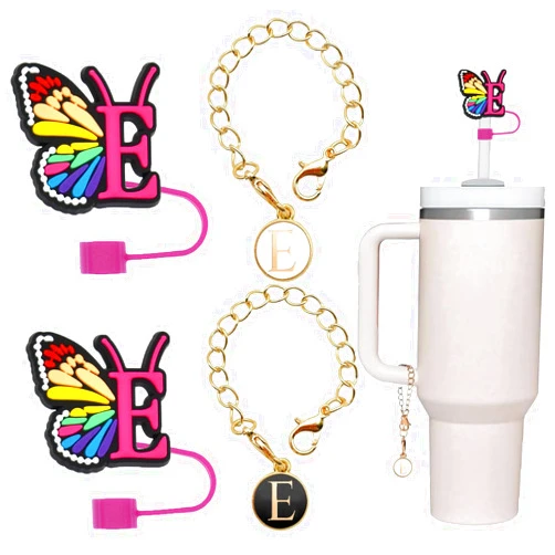 TESEAS Silicone Straw Cover for Stanley Cup, 10mm Initial Letter Straw Cover, Beautiful Butterfly Style, 2Pcs Initial Letter Charm Personalized, Compatible with Stanley 40&30 Oz Tumbler Cup Lid Access (E)