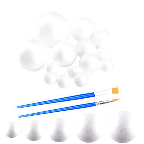 hesmartly 50 Pack Craft Foam Balls,White Polystyrene Smooth Round Balls, 5 Sizes Foam Balls and 2 Pieces Painting Brushes for DIY Projects Arts and Crafts Supplies