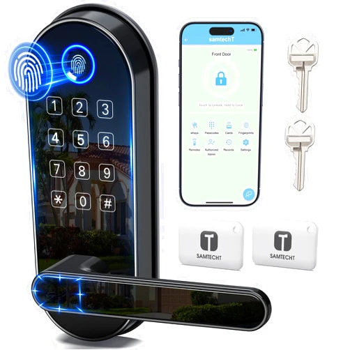 SamtechT Keyless-Entry Keypad Fingerprint Smart Lock: Digital Door Lock with Code Passcode, Electronic Door Handle, Biometric Door Knob for Entry Door, Bedroom Door (Black)