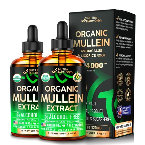 NUTRAHARMONY USDA Organic Mullein Drops for Lungs - Mullein Leaf & Licorice Extract Supplement - Made in USA - Lung & Bronchial Cleanse for Smokers - Respiratory Health Support - As Liquid, Tincture, Tea - 2 Pack