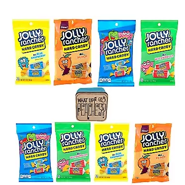 Generic Jolly Rancher Hard Candy Variety Pack of 6 favorite fruity flavors, 8 bags, that's over 3 pounds of individually wrapped enjoyment - 56 oz Total. Includes Magnetic Bag Clip w/funny phrase.