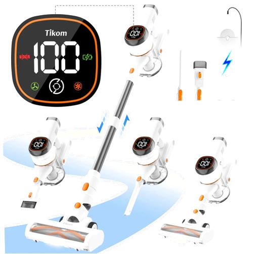Tikom V500 Cordless Vacuum Cleaner for Home, 40000Pa/450W Stick Vacuum with LED Touch Screen, Charging Wall Dock, Anti-Tangle, Lightweight Handheld Vacuum for Pet Hair, Hard Floor, Carpet