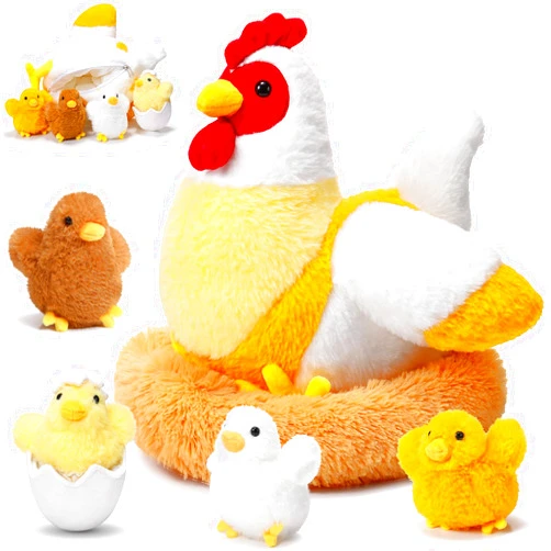 Skylety Chicken Stuffed Animal Plush Toy Egg Laying Hen with Zippered Belly, Hen House and Little Baby Chicks for Christmas Decorations Stuffers Party Supplies(Funny Style)