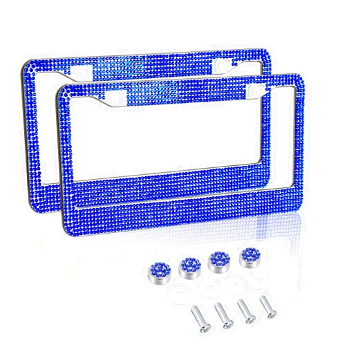 Gioyonil 2 Pack License Plate Frames: Stainless Steel Handcrafted Sapphire Bling Rhinestone Car Plate Frame with 4pcs Crystal Screw Caps & 4pcs Washers