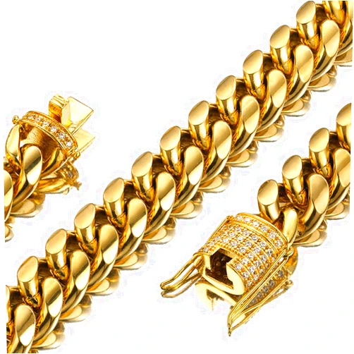 Jxlepe Mens Miami Cuban Link Chain 18K Gold 15mm Stainless Steel Curb Necklace with cz Diamond Chain Choker