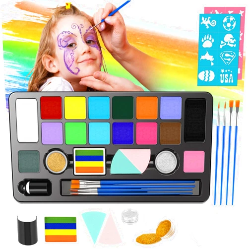 TAHULU Face Painting Kit for Kids 32PCS Kids Face Paint Kit, Brushes Sponges, Glitters, Brushes, Halloween Makeup Kit Professional Face Paint Kids Non Toxic Face Paint Kit for Kids