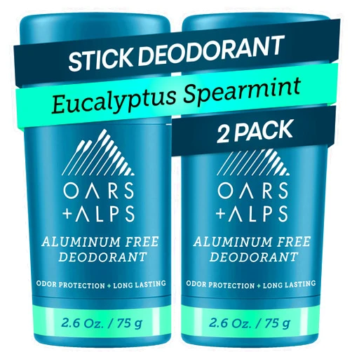 Oars + Alps Aluminum Free Deodorant for Men | Long Lasting Odor Protection, Clear & Free of White Residue, Anti-Chafing Smooth Glide, Dermatologist Tested, Eucalyptus Spearmint, 2pk, 2.6oz