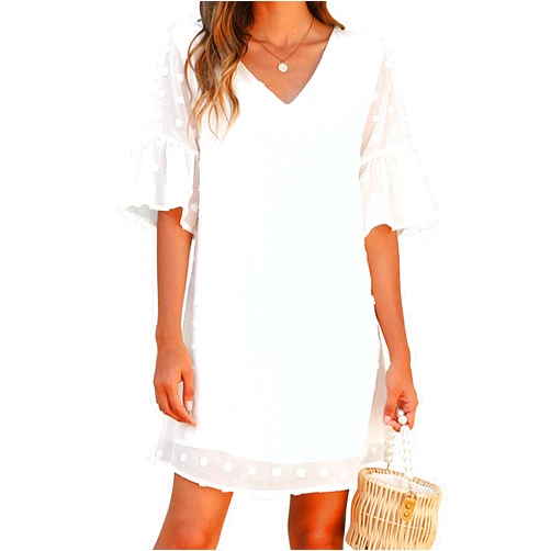 Blooming Jelly Womens White Dresses Short Sleeve V Neck Ruffle Cute Sun Dress Chiffon Flowy Shift Mini Dress