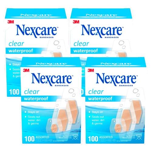 Nexcare Waterproof Adhesive Bandages, Clear, Assorted Sizes, 100 Count (Pack of 4) – Stays On in Shower or Pool with 360 Degree Seal That Blocks Water, Dirt & Germs