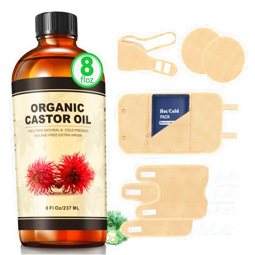 Taoscare Castor Oil Pack Wrap with Castor Oil Cold Pressed 8oz, Gifts for Women, 8 Pack Reusable Organic Cotton Castrol Oil Compressors for Body Liver Detox Constipation Inflammation