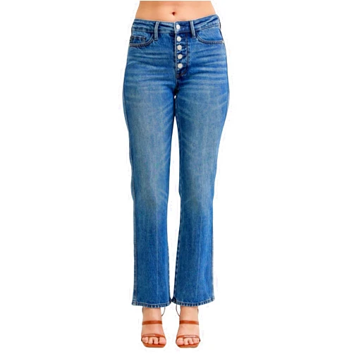 Judy Blue Mid Rise Slim Straight Jeans for Women – Rigid Magic Stretch Denim, Button Fly, Medium Wash, 30” Inseam