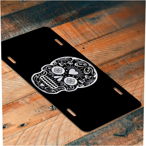 DHDM Designs Cool Sugar Skull Etched Aluminum License Plate | 6-Inches by 12-Inches | Car Truck RV Trailer Wall Shop Man Cave | VLP849