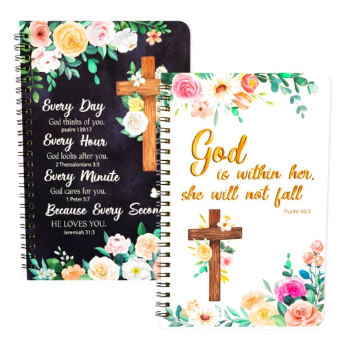 Xqumoi 2Pack A5 Floral Cross Religious Spiral Notebooks, She Will Not Fall Bible Verse Ruled Hardbound Journal Writing Hardcover Notebooks Christian Christmas Gift Sunday School Office Supplies