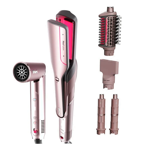 Shark FlexFusion Hair Straightener & Powerful Hair Dryer with Fusion Hair Brush, Ceramic Air Styler with Auto-Wrap Hair Curlers & Concentrator, Ceramic Plates, Cosmic Blush HD641S