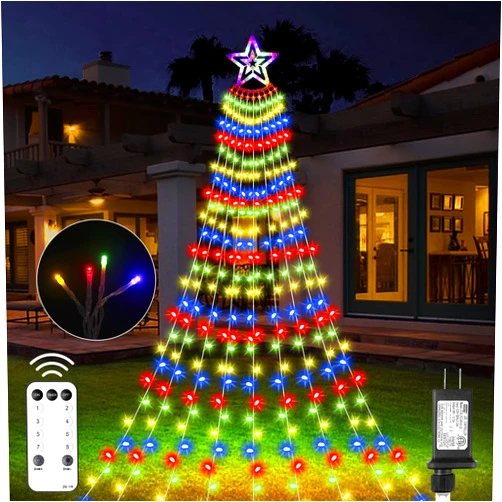 AMIPEPE Christmas Decorations Star Lights Outdoor, 11.48ft 350 LED Waterfall Tree Lights with 8 Modes Timer Remote Christmas Lights Plug in for Indoor Yard Patio Home Holiday Party Decor, Multi-Color