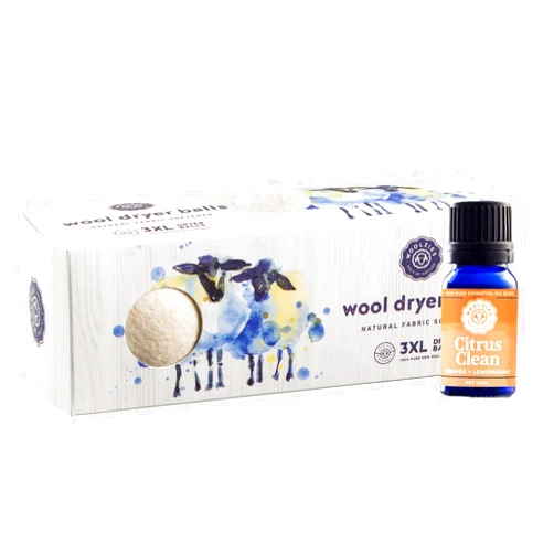 Woolzies Organic Wool Dryer Balls: 3 Pack XL Dryer Balls & Citrus Clean Essential Oil Blend | All Natural Laundry Fabric Softener Balls | Made with 100% New Zealand Wool | Best Essential Oil Balls