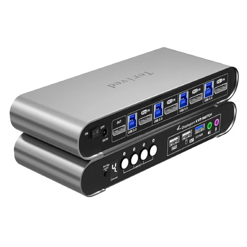 Terived 4 Computers and 1 Monitor DP USB 3.0 KVM Switch 4K@144Hz with Hotkey Switching and Audio Port, Digital Display Aluminum Body Cables inclued