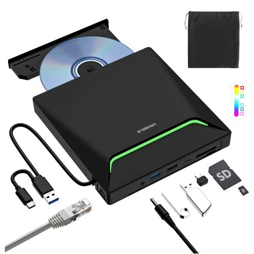 ORIGBELIE Newest External CD DVD Drive, Cool DVD Burner USB 3.0 with Ethernet Adapter, 3 USB and 2 TF/SD Card Ports, CD DVD Player Reader Writer Optical Disc Drive for Laptop MacBook PC Windows Linux Mac OS