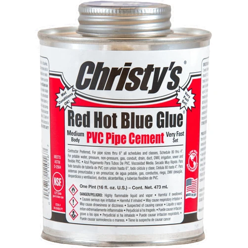 Christy's Red Hot Blue Glue PVC Cement - Medium Body, Very Fast Set, Low-VOC, 1 Pint (16 fl oz)