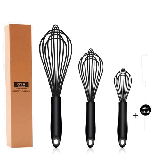 OYV Dishwasher Safe Silicone Whisk, Sealed Waterproof Design Set of 3, Professional Kitchen Whisks for Cooking Non-Scratch, Silicone & Stainless Steel Whisk, Heat Resistant Balloon Egg Beater, Black