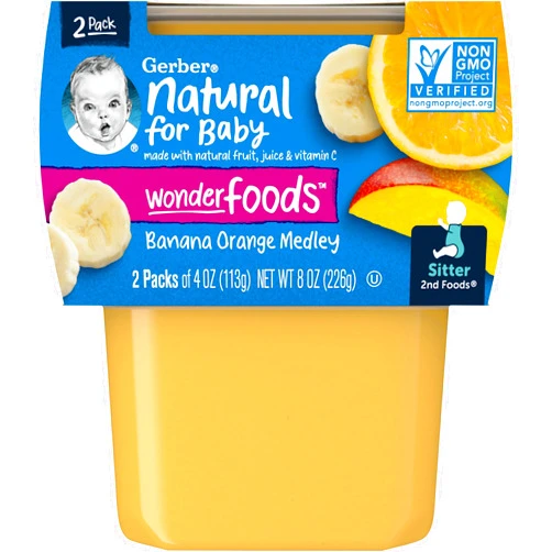 Gerber 2nd Foods Fruits Banana & Orange Medley Pureed Baby Food, 4 Ounce Tubs, 2 Count (Pack of 8)