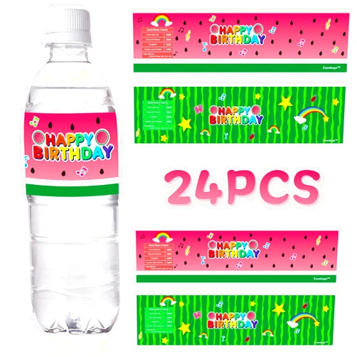 Caoekego 24 Pcs Cartoon Melon Party Water Bottle Labels for Kids Boys Girls J Watermelon Birthday Party Supplies Stickers Baby Shower Decorations Favors