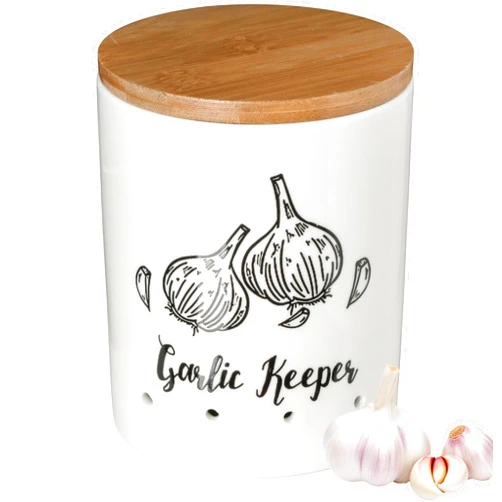 LYEOBOH Garlic Keeper, Garlic Storage, Garlic Holder, Large Ceramic Garlic Keeper with Wooden Lid, Garlic Jar, Garlic Storage Container, White