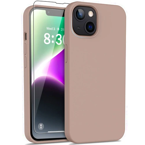 DEENAKIN iPhone 14 Plus Case with Screen Protector,Soft Liquid Silicone Gel Rubber Bumper Cover for Women Girls,Slim Fit Durable Shockproof Protective Phone Case Light Brown