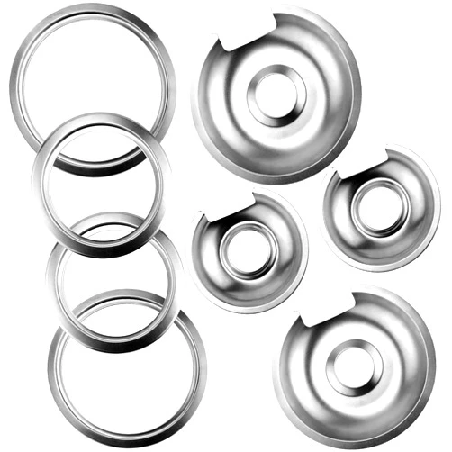 AMI PARTS Burner Drip Pans 2 Large 8'' WB32X10013 & 2 Small 6'' WB32X10012 Chrome Drip Pan Set Fits for GE Hotpoint Electric Stove Top - Include 2 Pcs 6'' Drip Pan/Ring and 2 Pcs 8'' Drip Pan/Ring