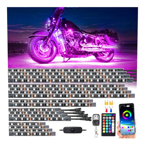 TDE Explorer.Lighting 18Pcs RGB Motorcycle LED Light Kit, Waterproof Motorcycle Underglow Kit with APP/RF Brake Trun Signal, Motorcycle Cruiser Underbody Strip Light for Harley Davidson Kawasaki Suzuki Yamaha Golf Cart 12V