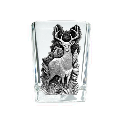 Heritage Pewter Whitetail Deer Square Shot Glass | Hand-Sculpted 1.5 Ounce Shot Glass | Intricately Crafted Metal Pewter Inlay