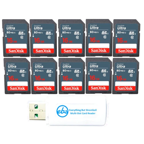 Everything But Stromboli SanDisk 16 GB Class 10 SD HC Ultra Flash Memory Card (10 Pack) (SDSDUNS-016G-GN3IN) Class 10 UHS-I Bundle with (1) Everything But Stromboli MicroSDXC & SD Card Reader
