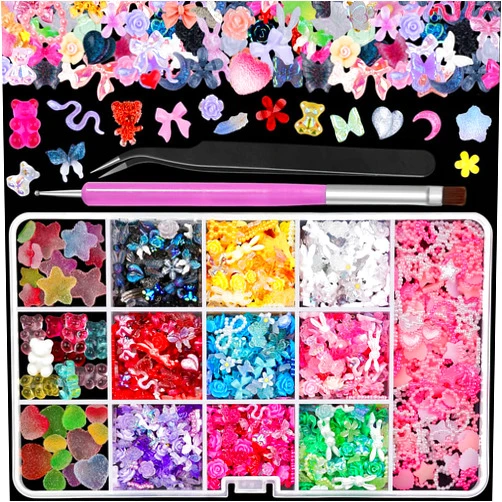 Sinyanail 3D Resin Nail Charms Rabbit Flower Bear Bowknot Hollow Star Heart Pearls Nail Jewelry Gems Gummy Heart Start Bear Nail Beads for Nail Art Design DIY Crafts Accessories(13 Charms)