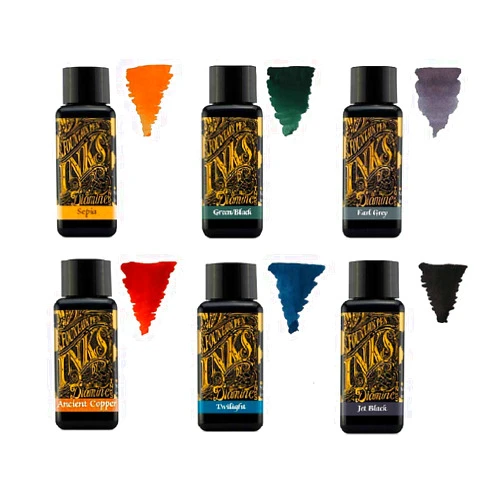 Diamine Fountain Pen Ink 30 ml - Base Colour - 6 x Bottles - Sepia, Green Black, Earl Grey, Ancient Copper, Twilight, Jet Black