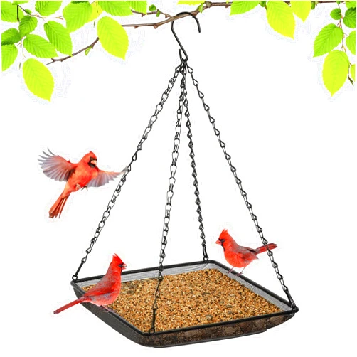 MIXXIDEA Hanging Bird Feeder Tray 11x11 Inches, Metal Mesh Platform Seed Feeder with Durable Chains for Outdoors Outside Great for Attracting Wild Birds, 1 Pack