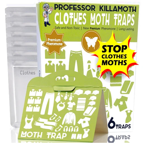 Professor Killamoth Clothes Moth Traps 6 Pack | Child and Pet Safe | No insecticides | Premium Attractant | Protect Clothes, Sweaters, Wool, Carpet | Safe Moth Killer