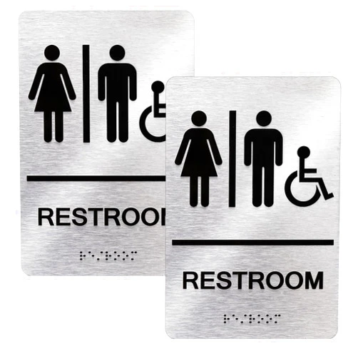 Fasmov 2 Pack All Gender Restroom Sign, Unisex and Handicap Braille Restroom Sign by Ada Compliant Wheelchair Bathroom Sign, Raised Icons, & Grade 2 Braille, Includes Adhesive Strips for Easy
