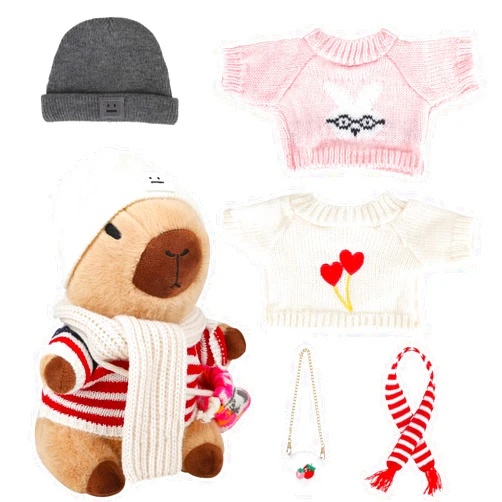 WAKSUN Capybara Plush with 10 Pcs Capybara Costume, Fall & Winter Style Dress Up, Christmas Plush, Stuffed Animal Birthday Gifts for Boys & Girls(Daily)