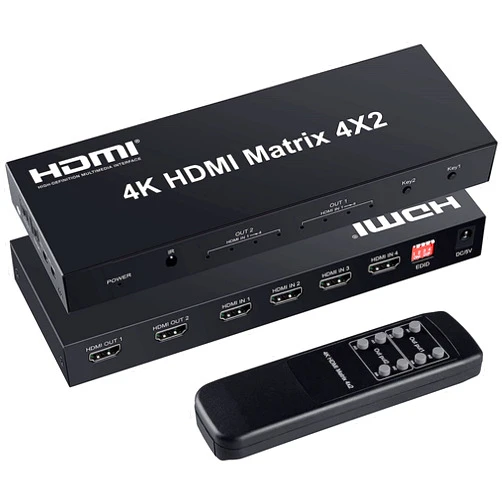 FERRISA 4x2 HDMI Matrix Switch,4 in 2 Out Matrix HDMI Video Switcher Splitter +Optical & L/R Audio Output,Support Ultra HD 4K,3D 1080P,Audio EDID Extractor with IR Remote Control