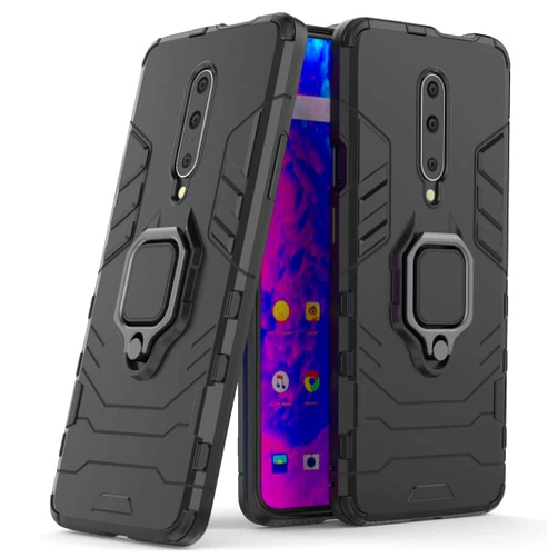 MaiJin Compatible with 1+7 Pro, 1+7T Pro Case, Metal Ring Grip Kickstand Shockproof Hard Bumper Shell (Works with Magnetic Car Mount) Dual Layer Rugged Cover for OnePlus 7 Pro, OnePlus 7T Pro (Black)