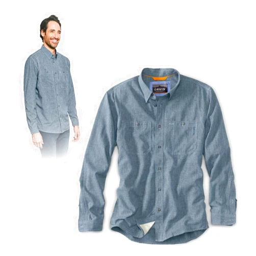 Orvis Tech Chambray Long Sleeve Men's Work Shirts - Lightweight Quick-Drying UPF 40 Chambray Fabric Casual Men's Shirts