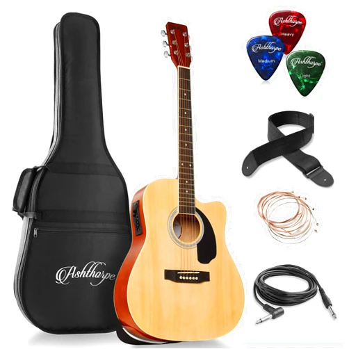 Ashthorpe Full-Size Dreadnought Cutaway Acoustic-Electric Guitar Bundle - Premium Tonewoods - Natural