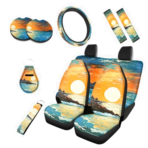 Uskorhein Sunrise Sea Oil Painting Full Set 10 PCS Car Accessories Sunup Hand Drawing Set Seat Cover Steering Wheel Cover Wrist Holder Keychain