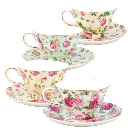 Gracie China by Coastline Imports Rose Chintz 8-Ounce Porcelain Tea Cup and Saucer, Set of 4